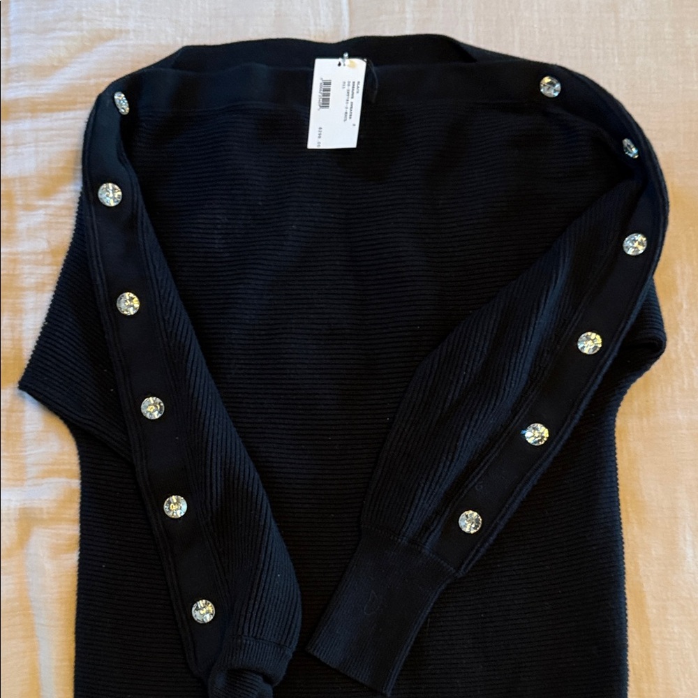 INTERMIX Black Off-the-Shoulder Sweater with Embellished Sleeves